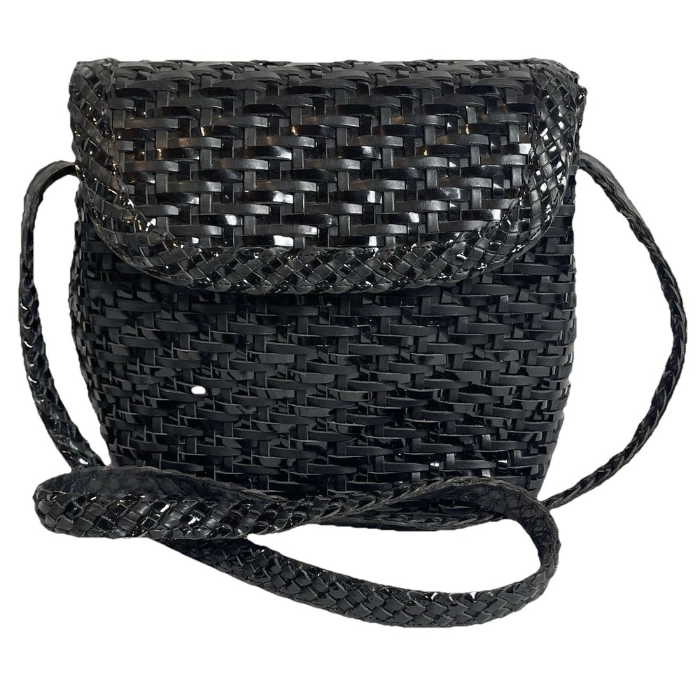 Vtg 70s LJS Collection Weaved Shoulder Bag Purse Black Leather Medium Classic